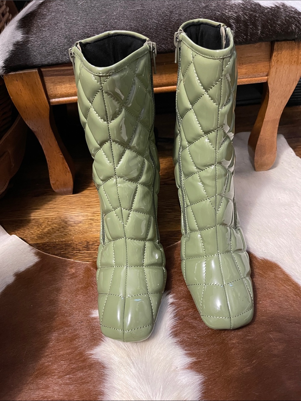 Jeffrey Campbell Quilted Patent Olive Boots